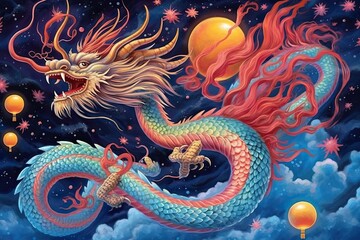Chinese Dragon Festival: Illuminating the Night Sky with Enchanting Lanterns and Fireworks, generative AI
