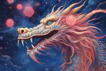 Fototapeta na wymiar Enchanting Chinese Dragon Festival: Illuminating the Night Sky with Fireworks, generative AI