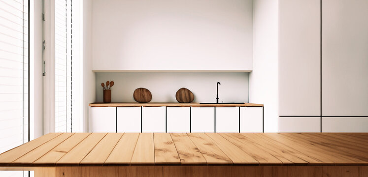 immagine primo piano di tavolo, bancone da cucina in legno naturale, sfondo ambiente cucina luminoso, minimalista