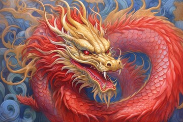 Fiery Crimson and Royal Gold: Discover the Enchanting Chinese Dragon Drawing as the Guardian of Ancient Wisdom, generative AI