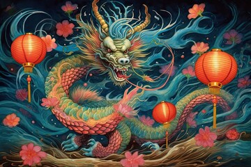 Twirling Chinese Dragon Amidst Festive Lanterns: Enchanting Scale Colors Dancing in Harmonious Symphony, generative AI - obrazy, fototapety, plakaty