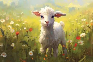 Charming Companions: Playful Animals Frolicking in a Picturesque Meadow with Cute Expressions of Innocence and Mischief, generative AI