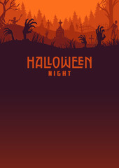 Halloween background with zombie hand and skeleton hand, cemetery for holiday poster, flyer, postcard. Mystical background with cross, grave, tombstone and dead man for dark fear october design