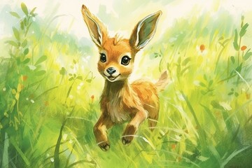 Playful Baby Animals Frolicking: Cute Animal Drawings Depicting Innocence and Joy in a Lush Green Meadow, generative AI