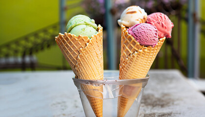 Assorted ice cream flavours in delightful waffle cones, a treat for every taste bud. Outdoor with copy space