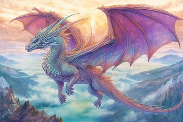 Majestic Dragon Drawings: Soaring Across a Mythical Landscape in Iridescent Shades of Azure and Amethyst, generative AI