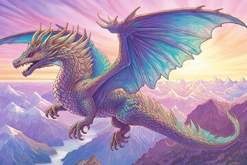 Dragon Drawings: Majestic Soaring Over Mythical Landscape, Gleaming Azure and Amethyst Scales, generative AI