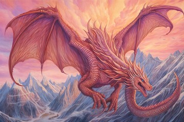 Majestic Dragon: Soaring Amidst Towering Peaks with Flames Reflecting in Its Lustrous Scales - Unique Dragon Drawing Inspiration, generative AI