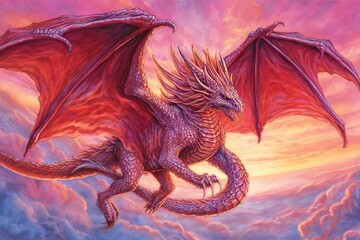 Fiery Sky and Brilliant Scales: Captivating Dragon Drawings of Majestic Proportions, generative AI