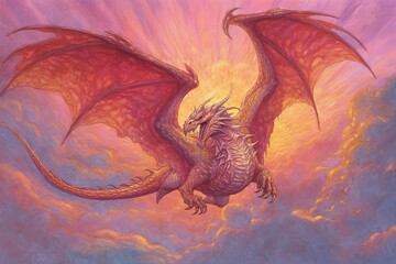 Majestic Dragon: A Fiery Sky Soaring with Gleaming Crimson and Gold Scales in Dragon Drawings, generative AI