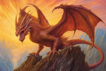 Mighty Dragon Roaring: Fiery Shades of Amber Scale Drawing, generative AI