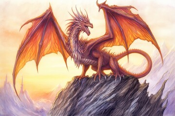 Fiery Shades of Amber: A Mighty Dragon Roaring from atop a Towering Cliff in Epic Drawings, generative AI