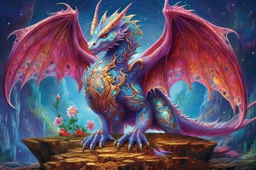 Guarding a Treasure Trove: Majestic Dragon Drawings with Brilliant Jewel-Toned Scales and Commanding Fire-Breathing Presence, generative AI