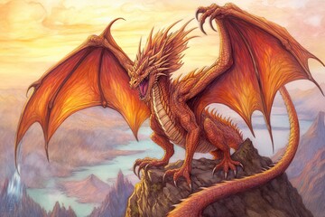 Fiery Shades of Amber: Mighty Dragon Roaring atop a Towering Cliff, Scales Gleaming - Stunning Dragon Drawings, generative AI