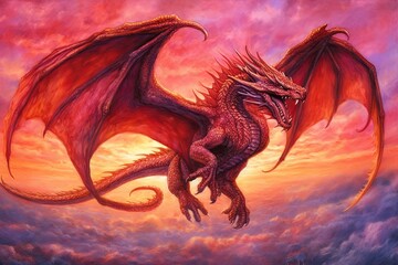 Fiery Sky Soaring: Captivating Dragon Drawings with Brilliant Crimson Scales, generative AI