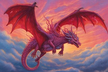 Fiery Sky Dragon: Mighty Soaring Beast with Gleaming Crimson Scales, generative AI