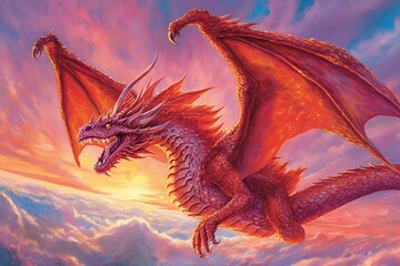 Fiery Sky Dragon Drawing: Majestic Scale Gleaming in Brilliant Crimson Shades, generative AI