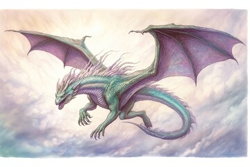 Mystical Realm Delights: Captivating Dragon Drawings with Lustrous Emerald and Amethyst Scales, generative AI
