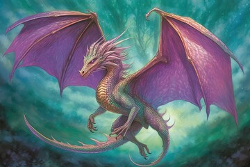 Mystical Realm: Marvel at a Mighty Dragon's Emerald and Amethyst Scales in Enchanting Drawings!, generative AI