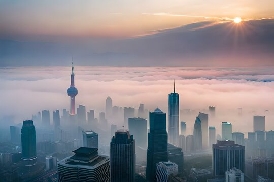 Smog covered city skyline at sunrise.