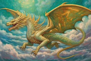 Mythical Flight: A Magnificent Dragon Soaring Through the Clouds with Glistening Emerald and Gold Scales, generative AI