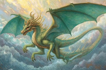 Mythical Flight: A Magnificent Dragon Soaring Through the Clouds with Glistening Emerald and Gold Scales, generative AI