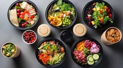 Healthy take away food and drinks in disposable eco friendly paper containers on gray background, top view. Fresh salad, soup, poke bowl, buddha bowl, fruits, coffee and juice. Generative AI - obrazy, fototapety, plakaty