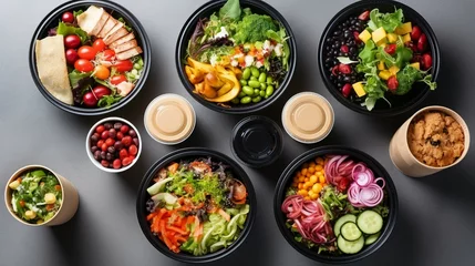  Healthy take away food and drinks in disposable eco friendly paper containers on gray background, top view. Fresh salad, soup, poke bowl, buddha bowl, fruits, coffee and juice. Generative AI © gdgaffar