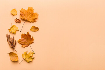 Autumn composition. Pattern made of dried leaves and other design accessories on table. Flat lay,...