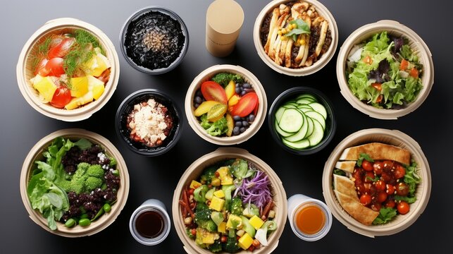 Healthy take away food and drinks in disposable eco friendly paper containers on gray background, top view. Fresh salad, soup, poke bowl, buddha bowl, fruits, coffee and juice. Generative AI