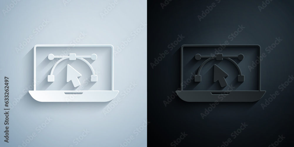 Poster paper cut computer display with vector design program icon isolated on isolated on grey and black ba
