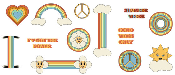 Trendy Groovy hippie 70s set. Funny Cartoon rainbow, flower, cloud, peace, daisy. Sticker pack in Trendy Retro Psychedelic Cartoon style isolated on white background. Vector illustration. 