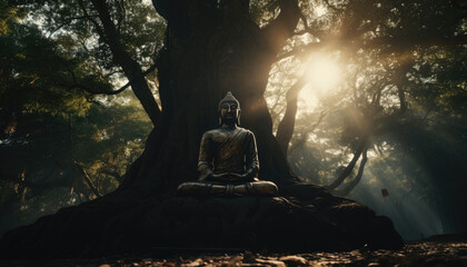 Buddha statue is sitting under a large tree. The deep forest has a peaceful atmosphere.