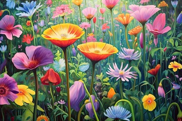 Enchanting Meadow of Blossoming Petals: A Kaleidoscope of Vibrant Colors and Fragrant Scents Revealed through Flower Drawings, generative AI