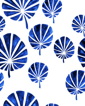 Japanese vector seamless ornament made of blue uchiwa fans on a white background. Watercolor vertical wallpaper