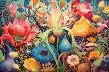 Whimsical Garden of Enchantment: Blooming Flower Drawings with Mythical Creatures and Magical Colors, generative AI