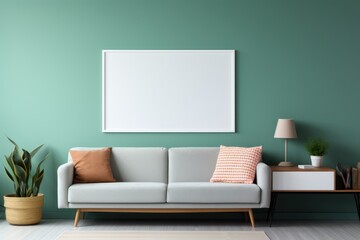 Photo frame on wall with sofa and living room setting.