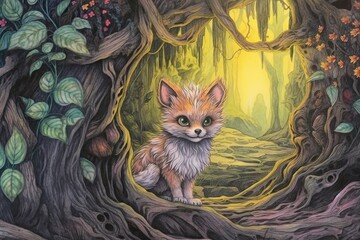 Enchanted Forest Exploration: Curious Fox with Amber Eyes Explores with Playful Curiosity and Intelligence, generative AI