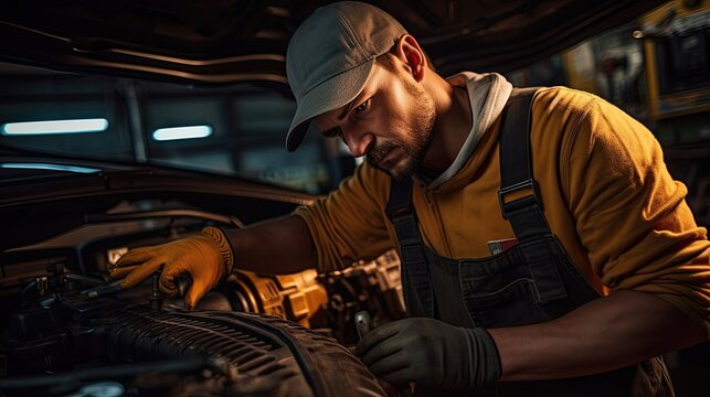 Technician focuses on adjusting the car's timing belt, maintaining the engine's timing sequence to uphold performance, reduce emissions. Generated by AI