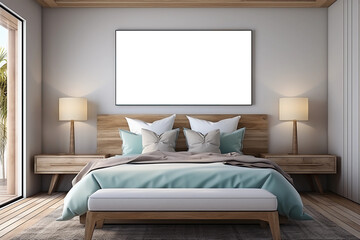 Sophisticated room with bed and plain photo frame. Generative AI 