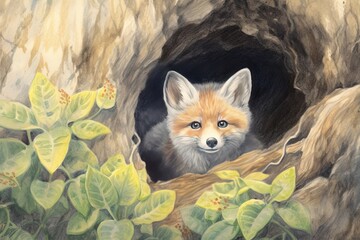 Curious Fox Drawing: Poking Out of Hidden Den with Sparkling Eyes - Enchanted Forest Adventure!, generative AI - obrazy, fototapety, plakaty