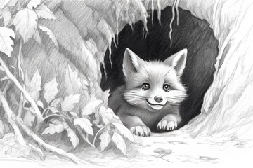 Enchanted Forest Adventure: Curious Fox Peeks Out of Hidden Den, Eyes Sparkling with Mischief, generative AI