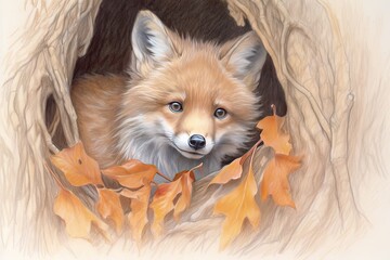 Sly Fox Peering Out: Enigmatic Charm of a Rusty Coat Blending with Autumn Leaves, generative AI