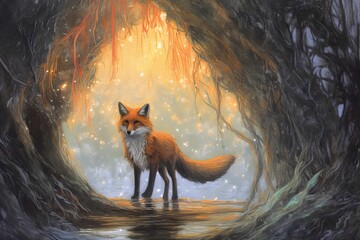 Fiery Coat Illuminates the Night: Enigmatic Wanderer, a Graceful Fox Exploring a Moonlit Forest, generative AI