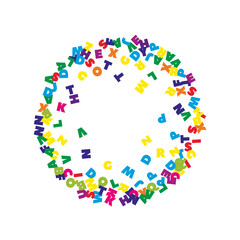 Falling letters of English language. Colorful flying words of Latin alphabet. Foreign languages study concept. Awesome back to school banner on white background.