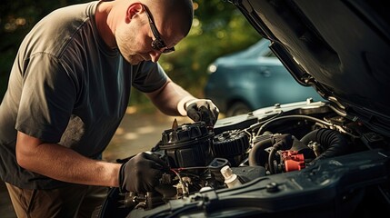 Technician skillfully examines and replaces the car's CV joints, ensuring seamless torque distribution, preventing driveline vibrations. Generated by AI. - obrazy, fototapety, plakaty