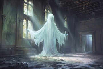Whispers of the Past: A Gentle Ghost's Tales in an Abandoned Mansion, generative AI - obrazy, fototapety, plakaty
