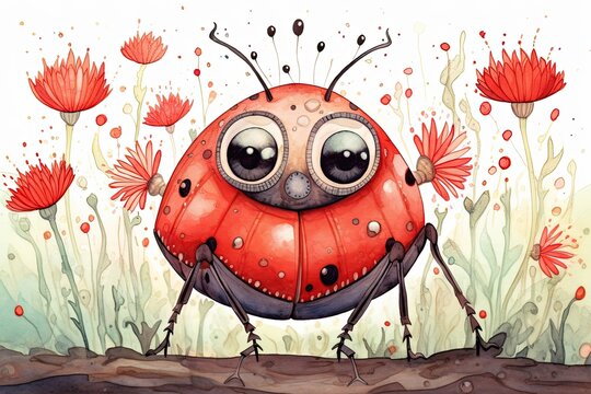 Cheerful Ladybug Drawing: Wings Painted in Brilliant Red and Ebony Spots for Good Luck, Exploring a Blossoming Meadow, generative AI