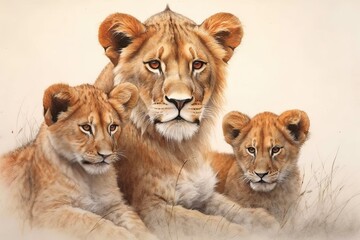 Majestic Lioness: Graceful Power and Fierce Love in the Serengeti - Drawing of a Lion Protecting Her Cubs, generative AI