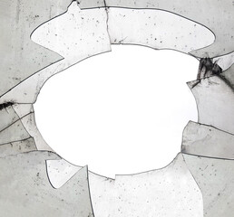Broken window, background of cracked glass with a hole from a shot or smash. Abstract old grunge...